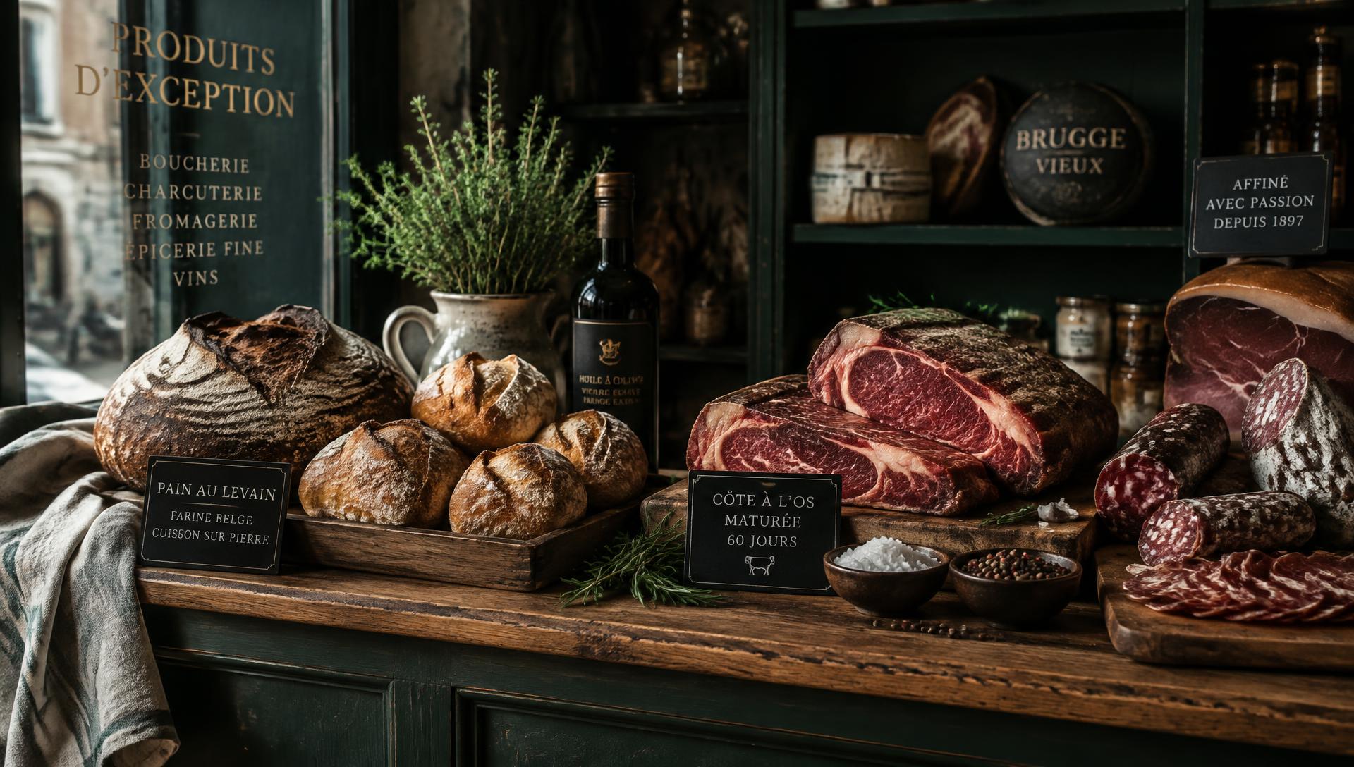 Ambachtelijk brood naast rijpe steaks en charcuterie op een houten toog